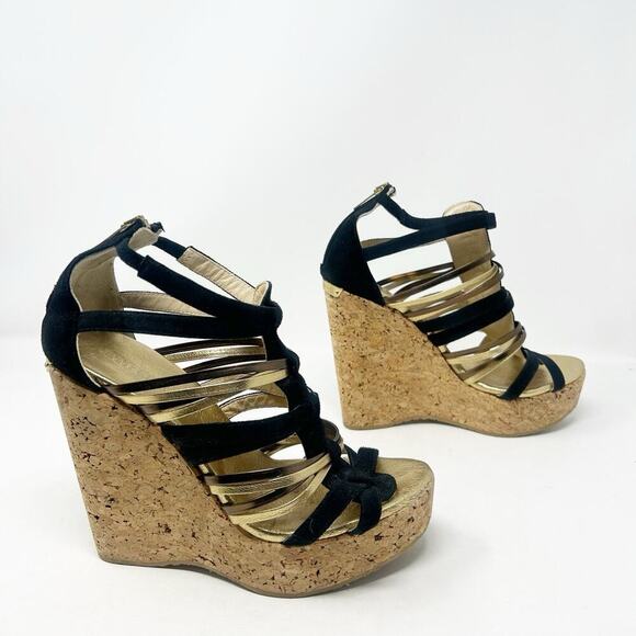 Jimmy Choo Black and and Gold Strappy Platform Cork Wedge Sandals 37.5 (7.5) - Picture 1 of 8